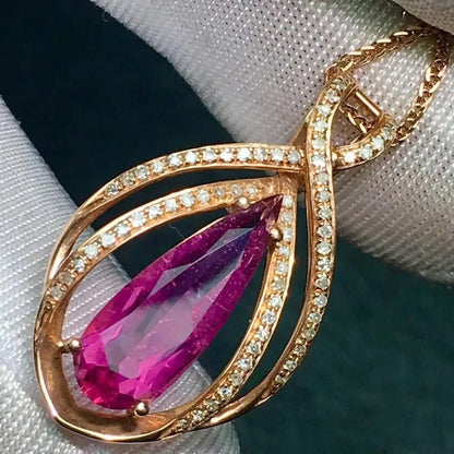 Pendant 18K Gold 2.9ct Rubillite Tourmaline Gemstones Diamond Necklace