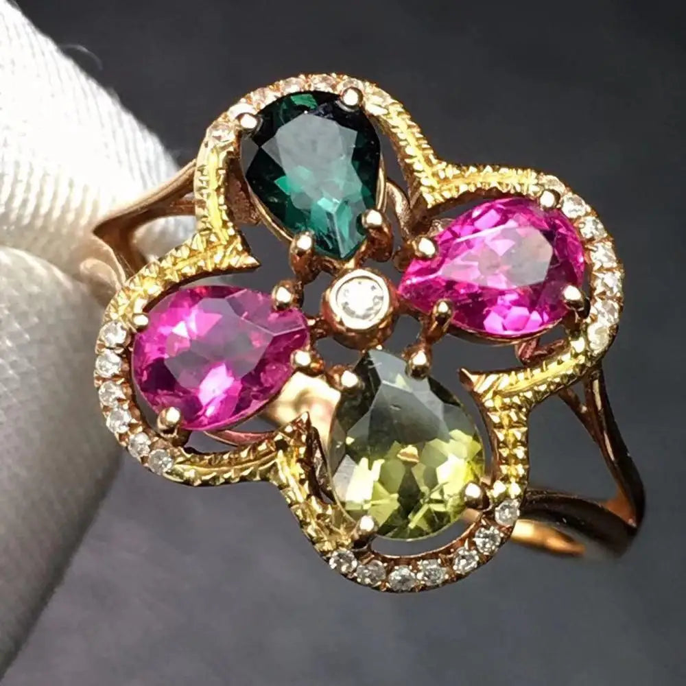 Ring 18K Gold 1.8ct Colorful Tourmaline Gemstones Diamonds Female's