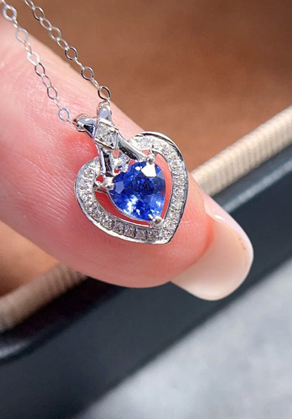 Necklace 18K White Gold 0.6ct Blue Sapphire Diamonds Pendant Female's