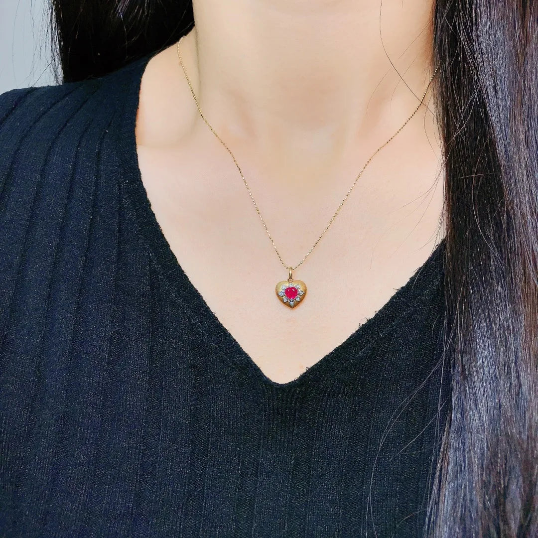 Pendant 18K Gold 0.45ct Vivid Red Ruby Gemstones Necklace for Women