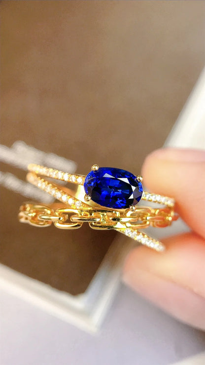 Ring 18K Gold 0.71ct Blue Sapphire Gemstone Diamonds Female's