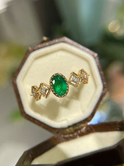 Ring 18K Gold 0.4ct Green Emerald Gemstones Diamonds Male's