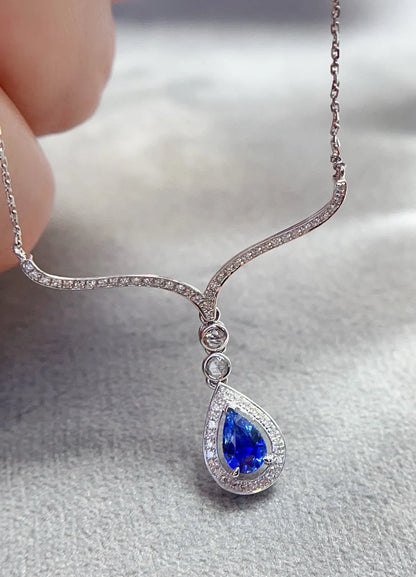 Necklace 18K White Gold 0.6ct Blue Sapphire Diamonds Pendant Female's