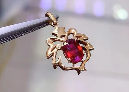 Pendant 18K Rose Gold 0.985ct Red Ruby Gemstones Necklace for Women