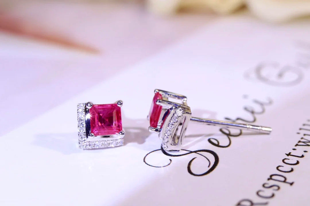 Earrings 18K White Gold 0.55ct Red Ruby Stud Female's Fine Jewelry