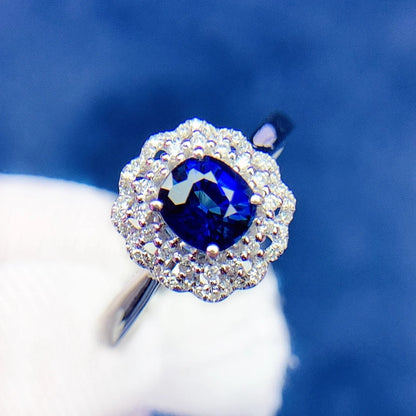 Ring 18K Gold 1.0ct Royal Blue Sapphire Gemstones Diamonds Female