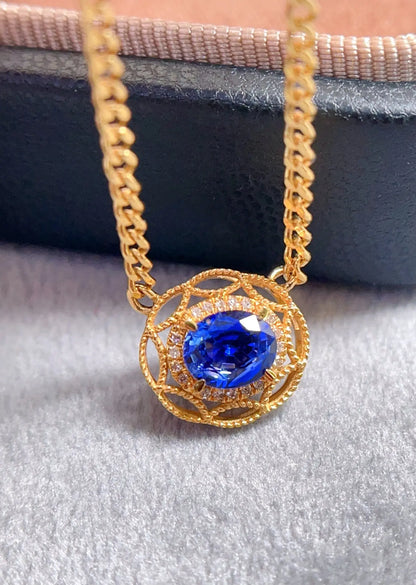 Necklace 18K Yellow Gold 1ct Blue Sapphire Diamonds Pendant Female's