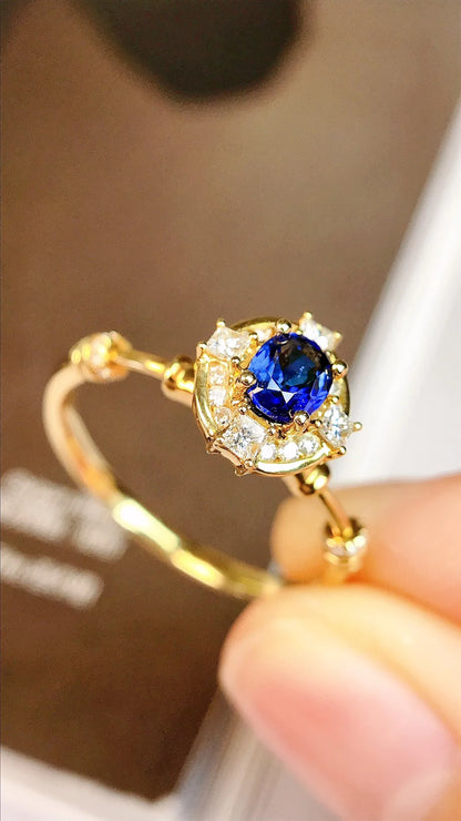 Ring 18K Gold 0.40ct Blue Sapphire Gemstone Diamonds Stone Female