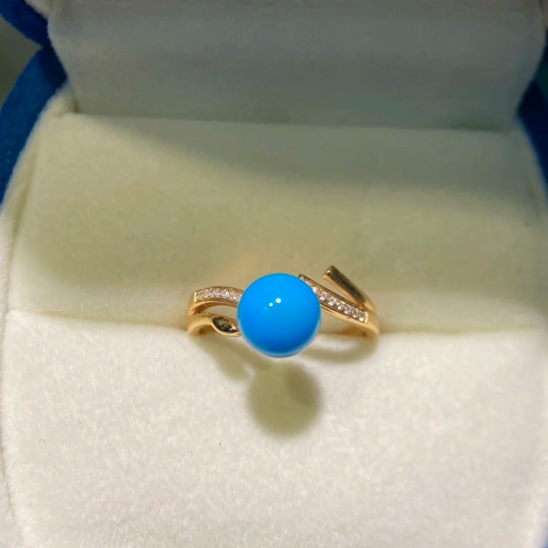 Ring 18K Gold 7mm Blue Turquoise Gemstones Diamonds Female Sporty