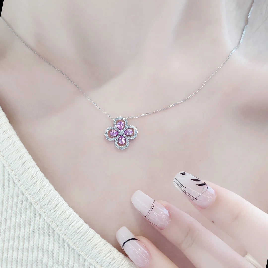 Necklace 18K White Gold Pink Sapphire Diamonds Pendant Female's