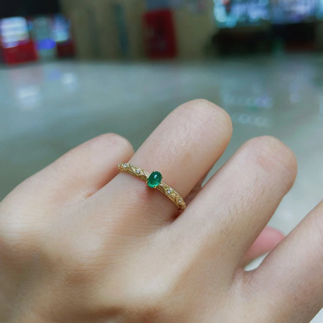 Ring 18K Gold 0.2ct Green Emerald Gemstones Male's