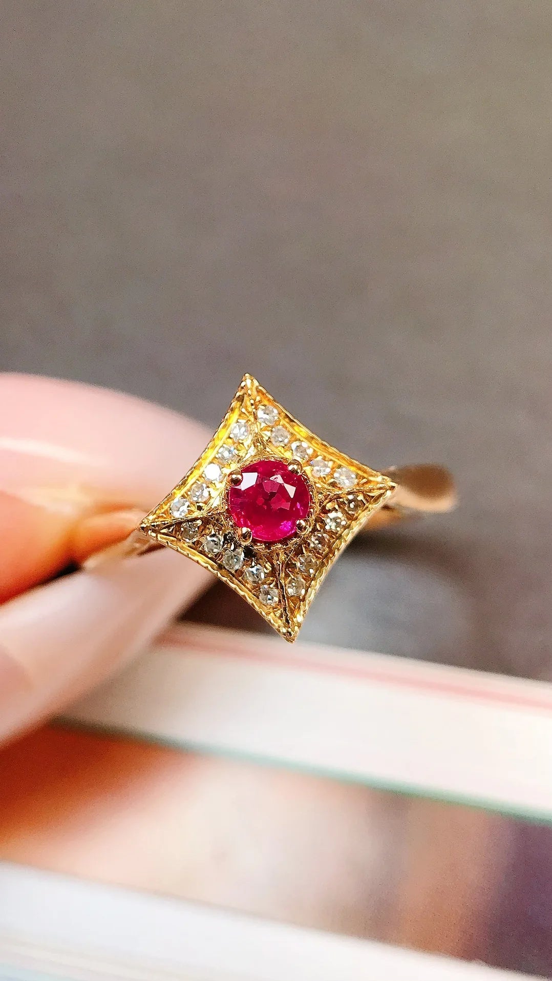 Ring 18K Gold 0.2ct Red Ruby Diamonds Female Anniversary Fine Jewelry