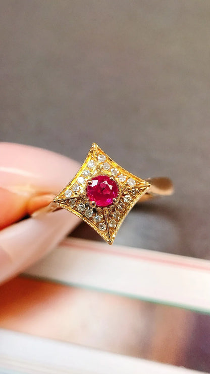 Ring 18K Gold 0.2ct Red Ruby Diamonds Female Anniversary Fine Jewelry