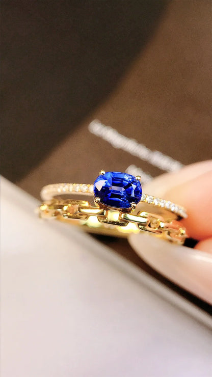 Ring 18K Gold 0.59ct Blue Sapphire Gemstone Diamonds Female's