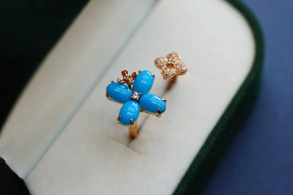 Ring 18K Rose Gold Blue Turquoise Gemstones Diamonds Female's