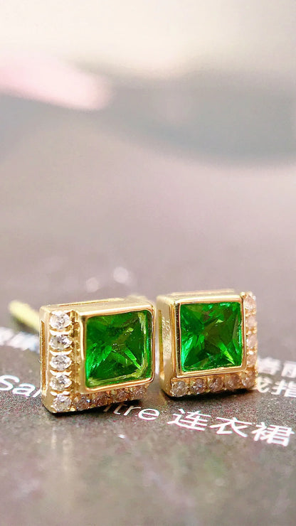 Earrings 18K Gold 0.44ct Tsavorite Gemstones Diamonds Stud Female's Fine