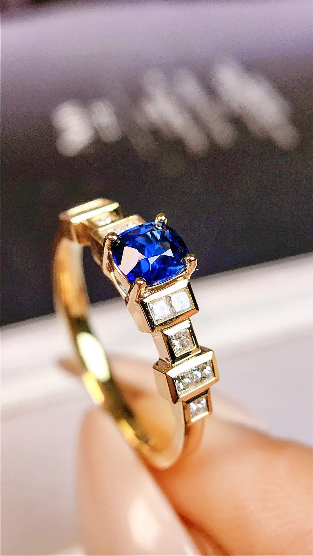 Ring 18K Gold 0.53ct Blue Sapphire Gemstones Diamonds Female Fine