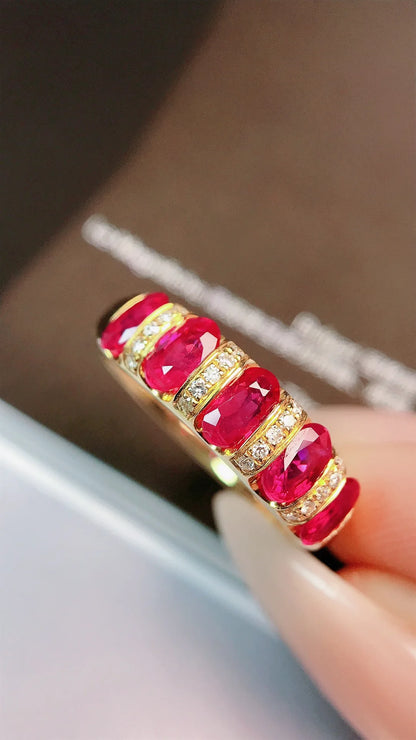 Ring 18K Gold 1.62ct Red Ruby Gemstones Diamonds Female's Fine