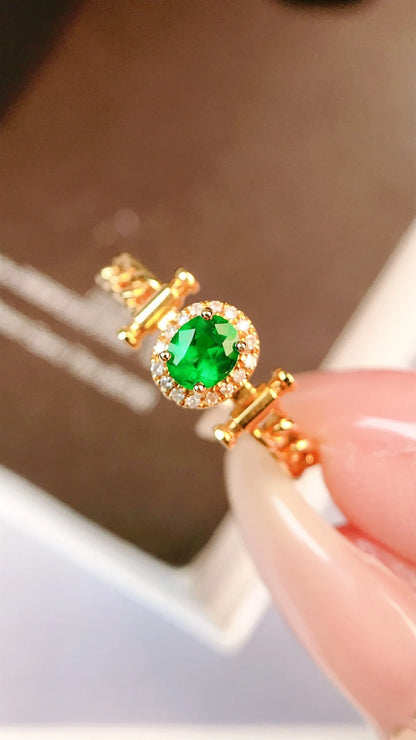 Ring 18K Gold 0.24ct Green Emerald Gemstones Diamonds Female's