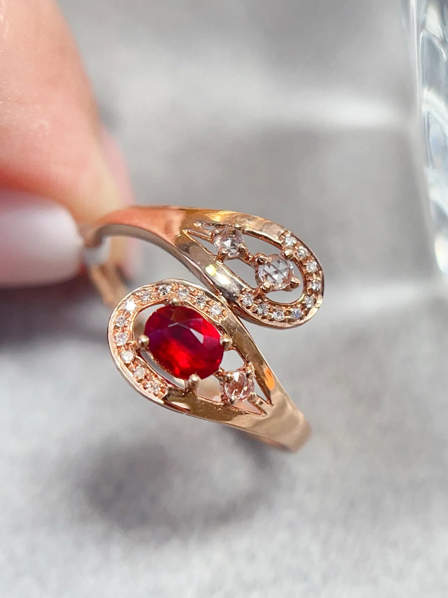 Ring 18K Gold 0.35ct Red Ruby Gemstones Diamonds Anniversary Female's