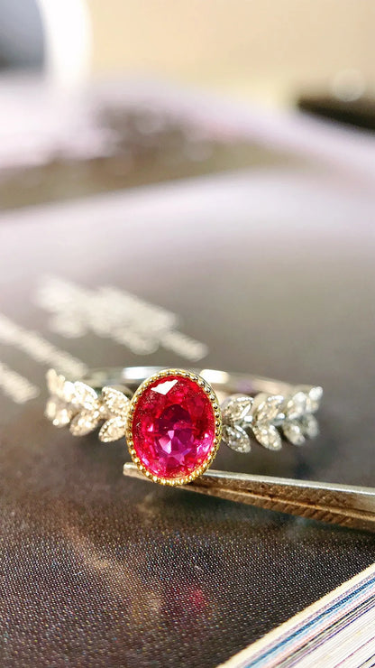 Ring 18K Gold 0.58ct Red Ruby Diamond Female Anniversary Fine Jewelry