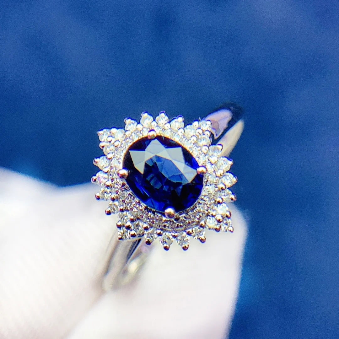 Ring 18K Gold 1.0ct Royal Blue Sapphire Gemstones Diamonds Female