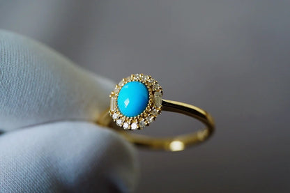 Ring 18K Gold 9.6*8.8mm Blue Turquoise Gemstones Diamonds Female's