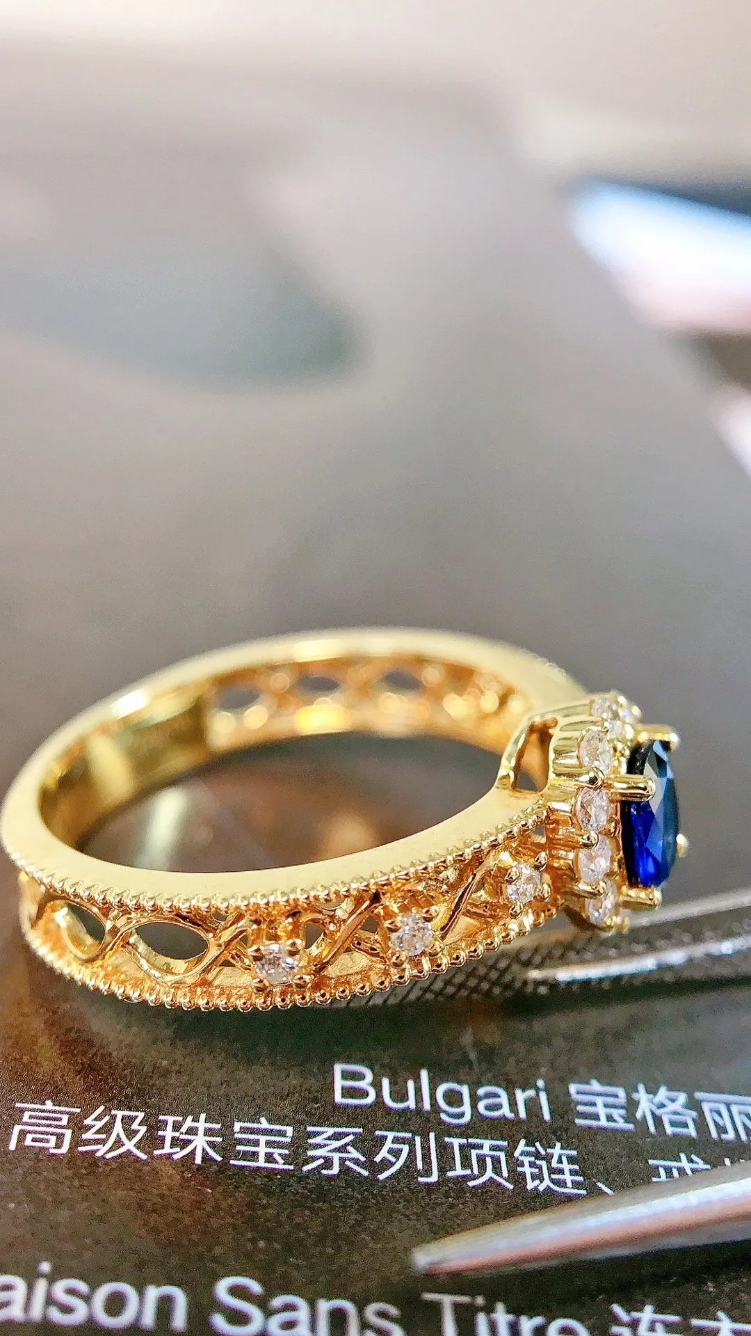 Ring 18K Gold 0.34ct Blue Sapphire Gemstones Diamonds Female's