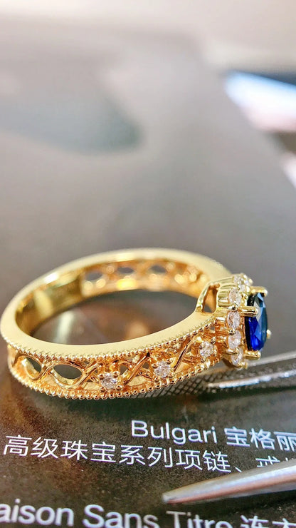 Ring 18K Gold 0.34ct Blue Sapphire Gemstones Diamonds Female's