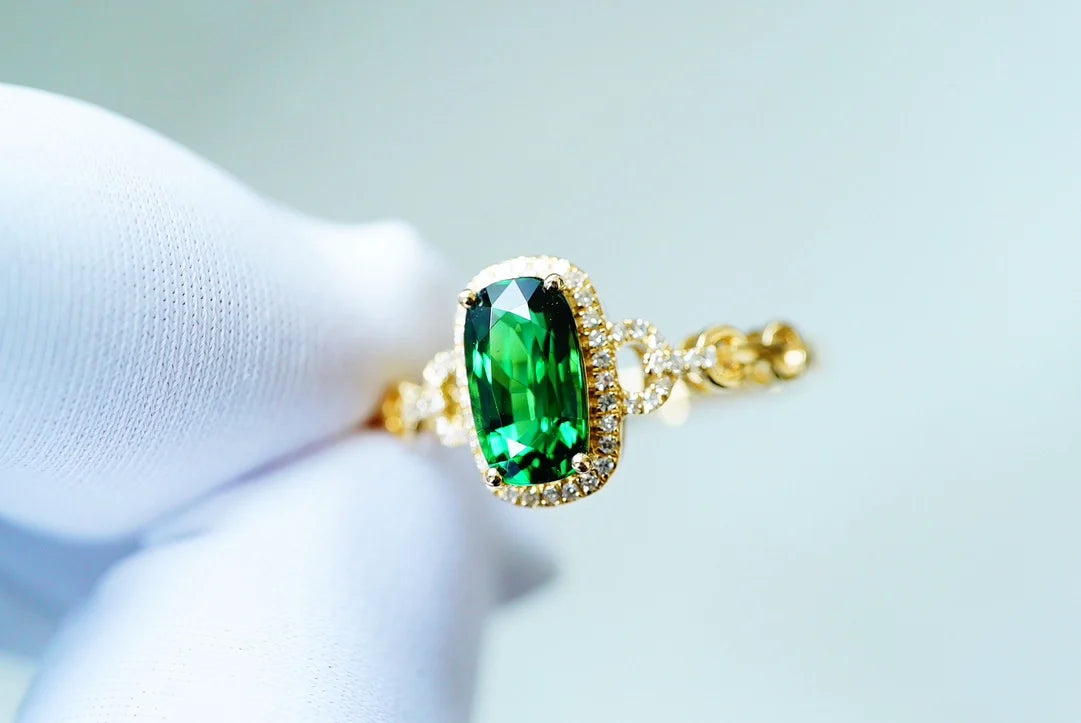 Ring 18K Gold 1.28ct Green Tourmaline Gemstones Male's Wedding Fine