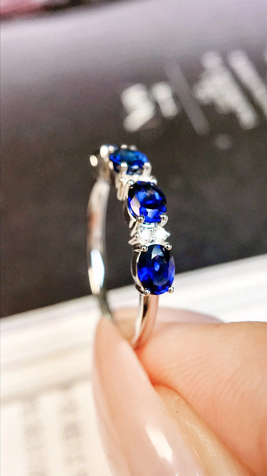 Ring 18K Gold 1.43ct Blue Sapphire Gemstones Diamonds Female Jewelry