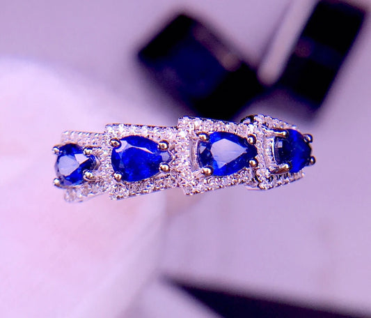 Ring 18K Gold 1.2ct Blue Sapphire Gemstones Diamonds Stone Female