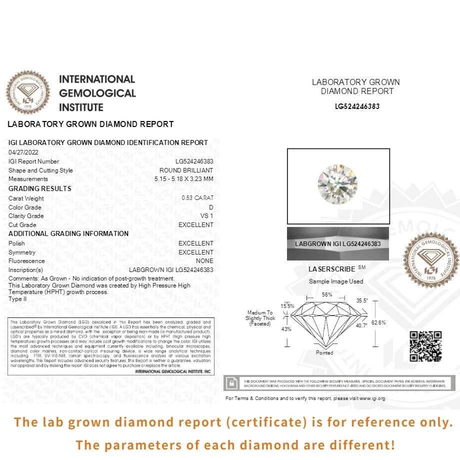 0.3ct 0.5ct 1ct Round Lab Grown Diamond CVD HPHT IGI GIA Certificate