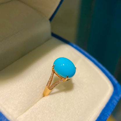 Ring 18K Gold 11*9mm Blue Turquoise Gemstones Diamonds Female Sporty