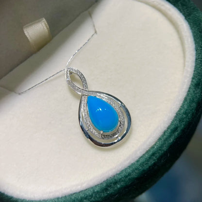 Pendant 18K Gold 13.2x8.2mm Blue Turquoise Gemstone Diamond Necklace for Women