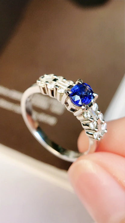 Ring 18K Gold 0.60ct Blue Sapphire Gemstones Diamonds Female's