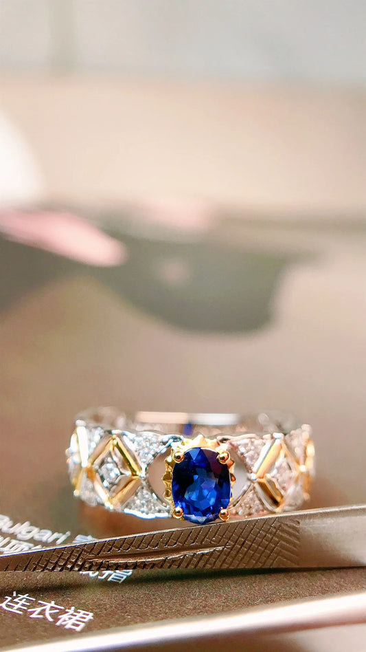 Ring 18K Gold 0.48ct Blue Sapphire Gemstones Diamonds Female's