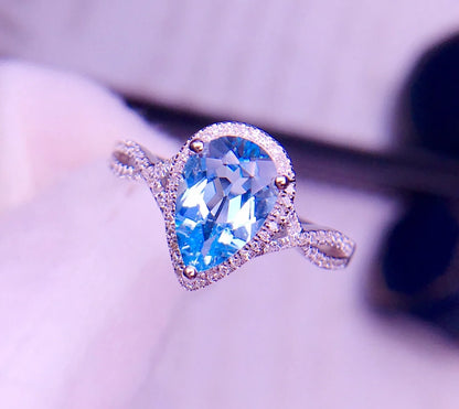 Ring 18K Gold 1.6ct Blue Aquamarine Gemstones Female Holiday Gift