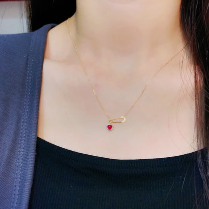 Necklace 18K Gold 0.34ct Red Ruby Diamonds Pendant Female's