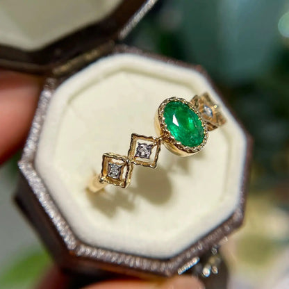 Ring 18K Gold 0.4ct Green Emerald Gemstones Diamonds Male's