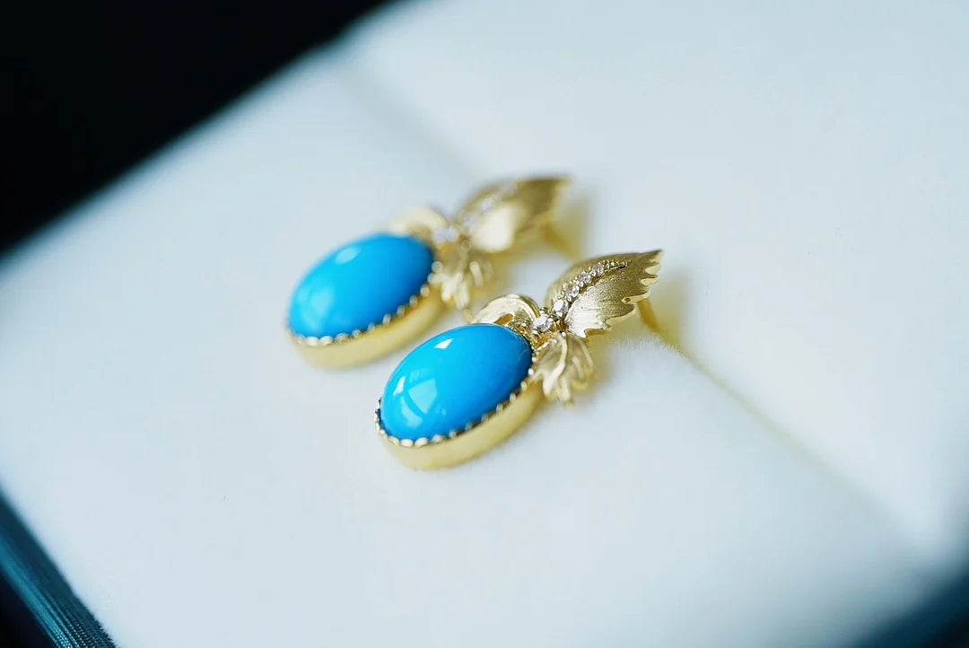 Earrings 18K Gold 8.7*6.7mm Blue Turquoise Drop Female's Fine