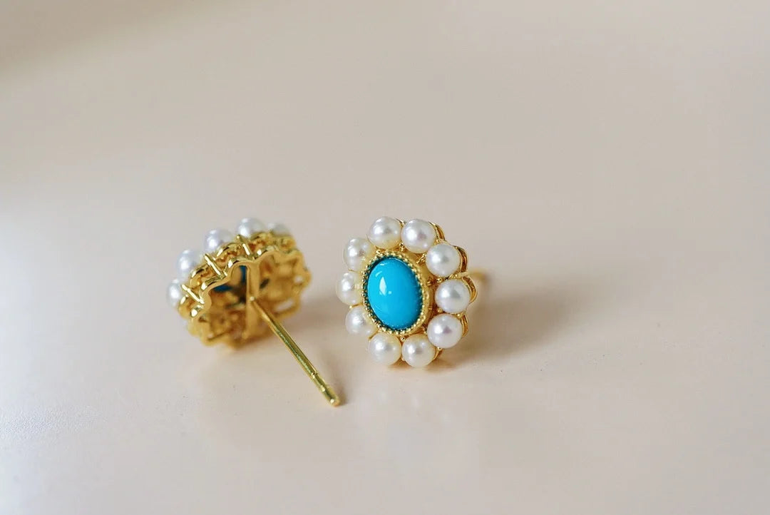 Earrings 18K Rose Gold Turquoise Pearls Gemstones Stud Female's Fine