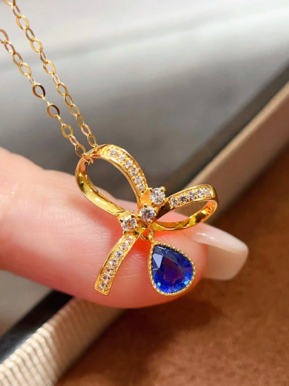 Necklace 18K Yellow Gold 0.5ct Blue Sapphire Diamonds Pendant Female's