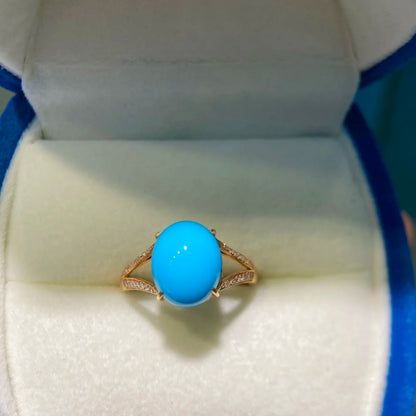 Ring 18K Gold 11*9mm Blue Turquoise Gemstones Diamonds Female Sporty