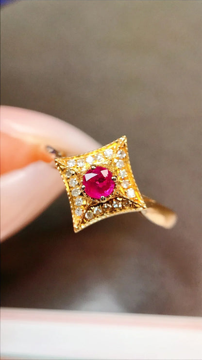 Ring 18K Gold 0.2ct Red Ruby Diamonds Female Anniversary Fine Jewelry