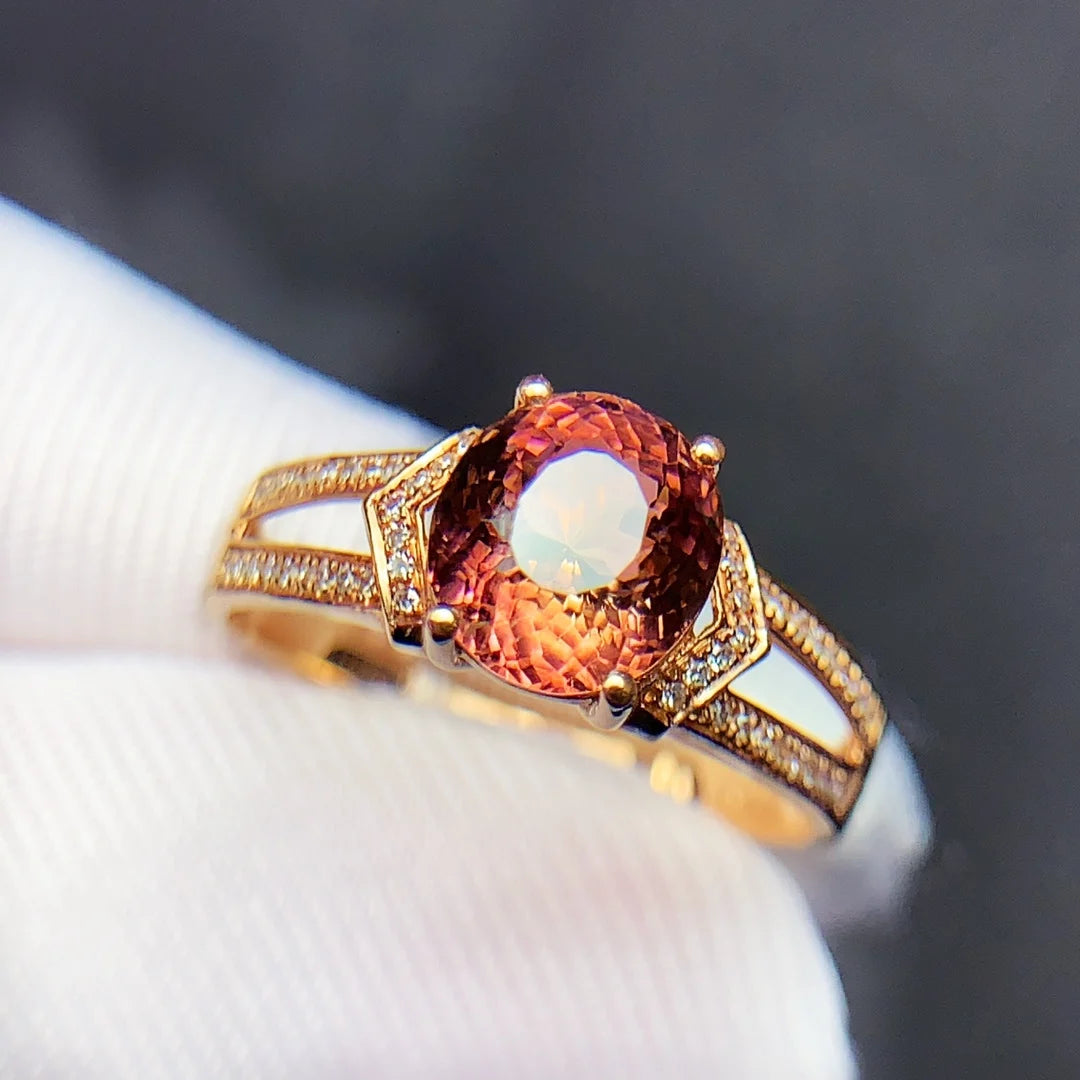 Ring 18K Gold 2.0ct Red Tourmaline Gemstones Diamonds Female's