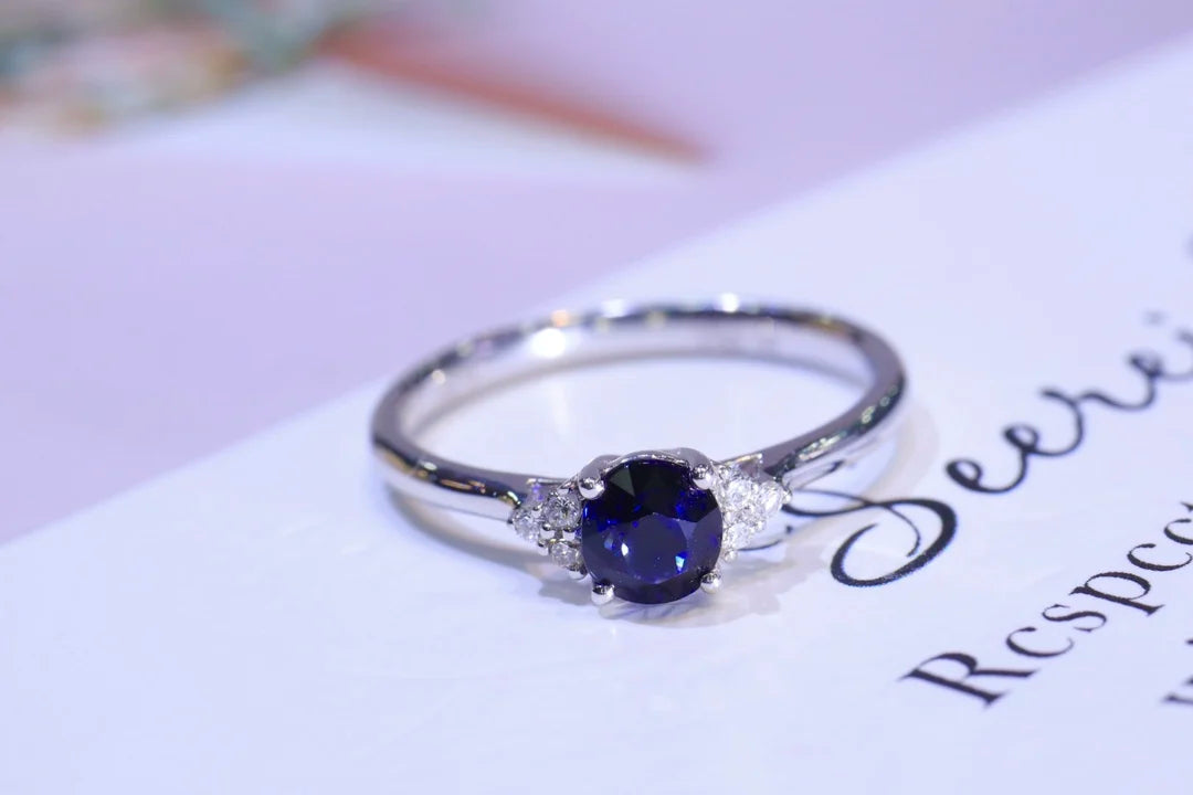 Ring 18K Gold 0.55ct Royal Blue Sapphire Gemstones Diamonds Female's