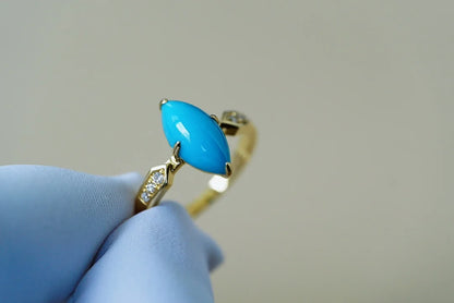 Ring 18K Gold 11.5*6.1mm Blue Turquoise Gemstones Diamonds Female Sporty