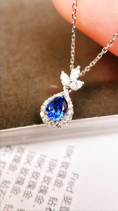 Necklace 18K White Gold 0.42ct Blue Sapphire Diamonds Pendant Female's