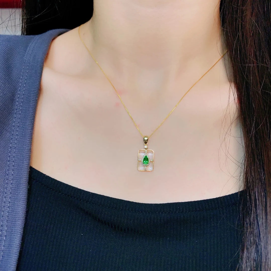 Pendant 18K Gold 0.37ct Green Emerald Gemstone Diamond Necklace for Women